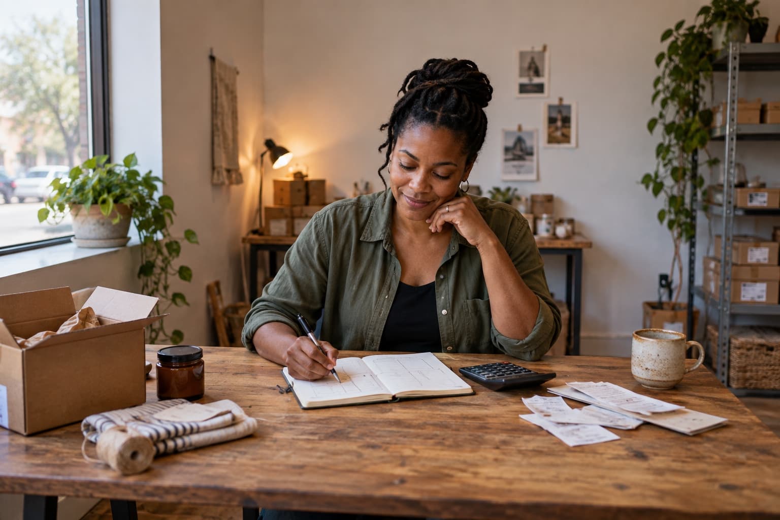 A small-business founder calmly reviews her cash-flow plan in a neighborhood workspace